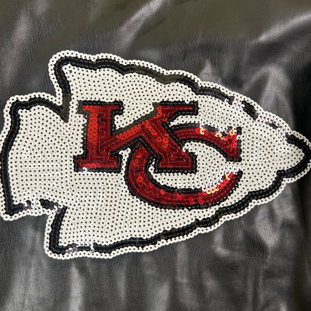 NFL Kansas City Chiefs Sequin Faux Leather Varsity Jacket Women Small‎ Black Red - Picture 10 of 16
